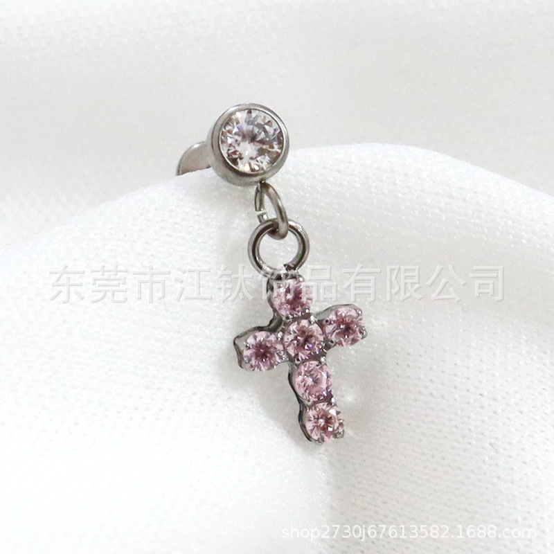 F136 Titanium Stud Earring Cylindrical Cross Pendant Inlaid 5A Zircon G23 Titanium Alloy Body Piercing Ear Bone Stud detail image 12
