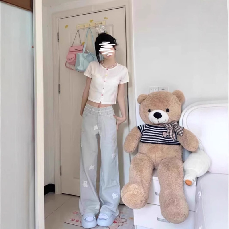 [Non-real shot] Cute Bear Embroidered High Waist Straight Jeans Female Sweet Girl Small Loose Slim Trousers