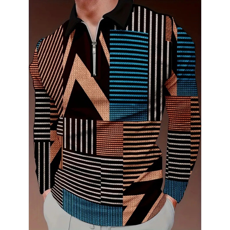 Camisa POLO con cremallera de manga larga y suelta con estampado 3D a rayas geométricas abstractas simples y versátiles para hombres