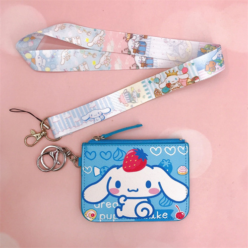 Cartoon jade cinnamon dog white dog PU card holder coin purse with keychain lanyard bus card access card ID holder