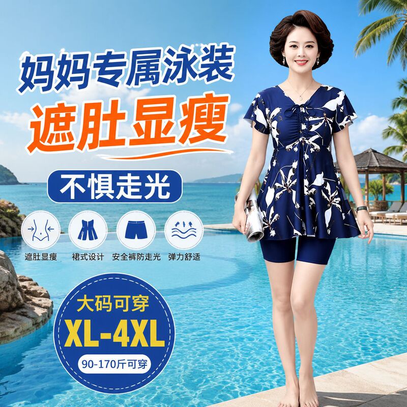 Swimsuit for Middle-Aged and Elderly Women, Skirt-Style, Tummy-Concealing, Slimming, Plus-Size, Conservative, Hot Spring Swimwear, Anti-Exposure Bathing Suit