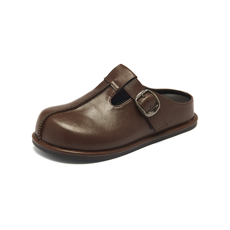 Augu Shi Deng grueso con suela pequeña piel Bocken zapatos de cabeza de medio trapezo para mujeres 2026 nuevos zapatos marrones de primavera británicos de un solo pie