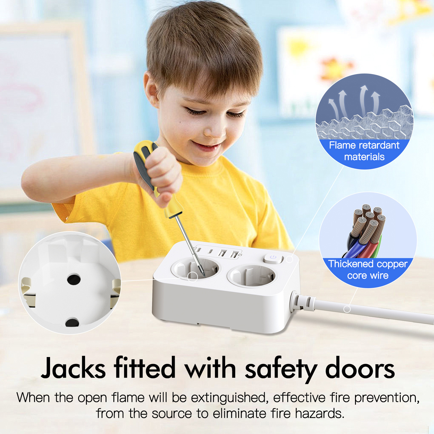 欧洲新款2插孔排插带安全门保护便携式小巧延长线插座2C2U多口充