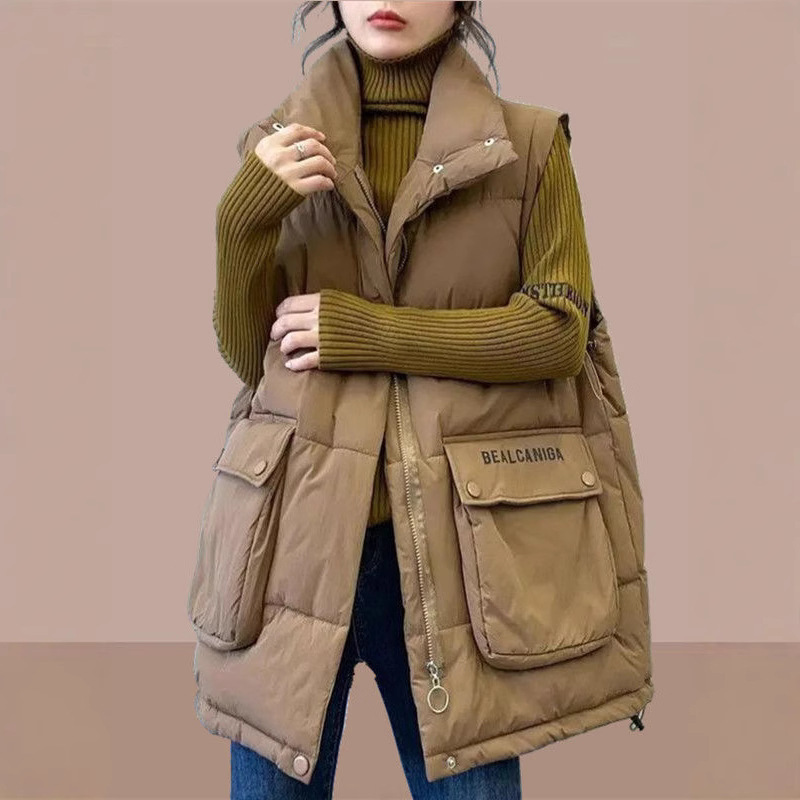 European Version plus size Pocket Down Cotton Vest Women's New Mid-length Loose Vest Jacket Vest for Autumn and Winter 2024