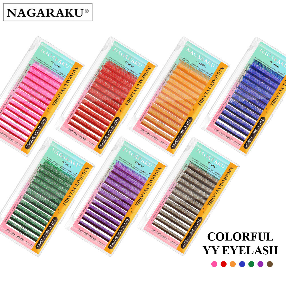 NAGARAKU color en forma de Y pestañas injertadas lino marrón rosa rojo violeta verde azul mixto 2D pestañas florecientes suaves