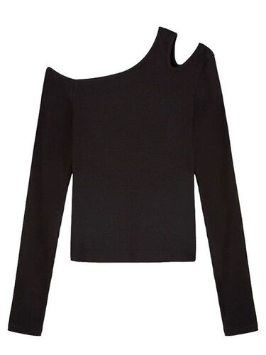 Women's Black Strappy Tank Top for Autumn/Winter Long Sleeve Slim Fit Innerwear Sexy Shoulder-Baring Bone-Exposing Shoulder Design Top