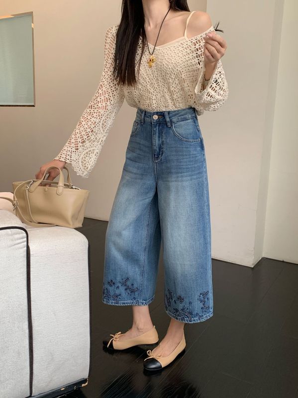 女性用刺繍入り8点ジーンズ、薄手、2025年夏の新しいスタイル、ハイウエスト、ルーズ、ストレート、小柄な人向けのワイドレッグパンツ|undefined