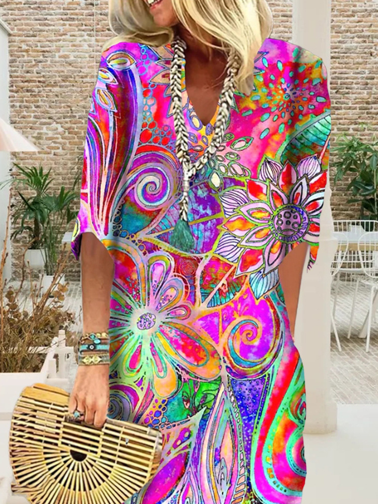 Spring 2025 New Amazon European and American Cross-border Fashion Loose Printed V-Neck dress Women's Wear