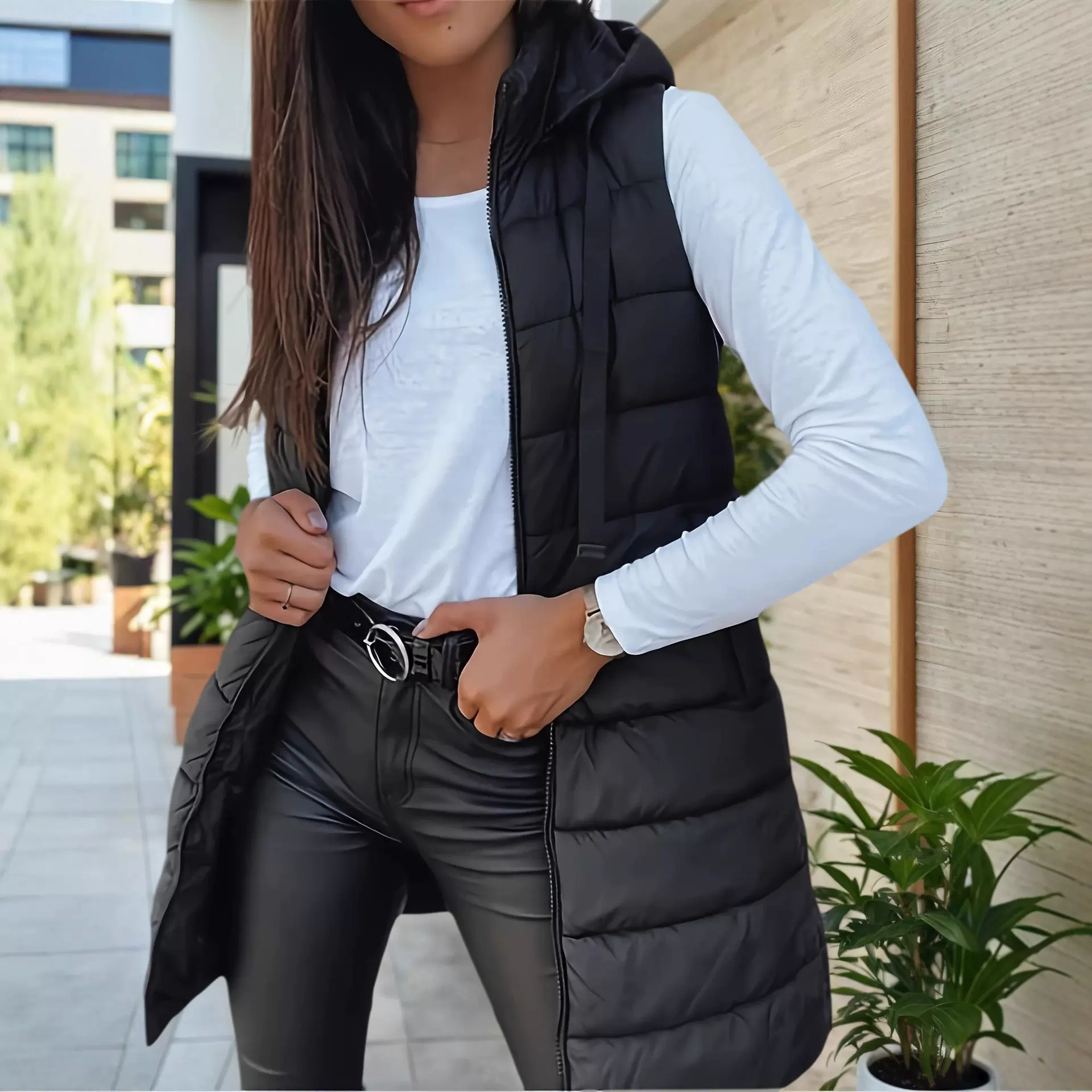 亚马逊欧美跨境女装纯色连帽拉链棉马甲无袖外套中长款大码