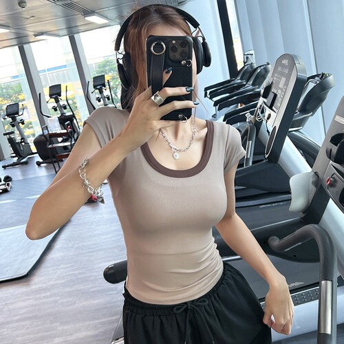 Cross-border soft and waxy elastic yoga wear thin new sports short-sleeved Pilates T-shirt running top tight