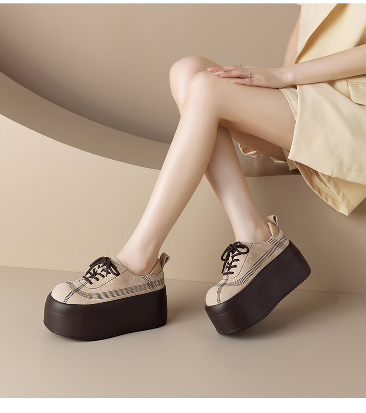 Giày sneaker nữ chunky đế dày mũi tròn phối màu dây buộc cổ thấp thu đông da thật — màu đen, màu mơ chi tiết 14