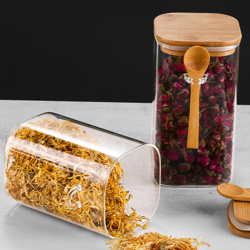 High borosilicate glass high-temperature resistant square tea snack storage jar with wooden spoon lid, five-grain glass sealed jar
