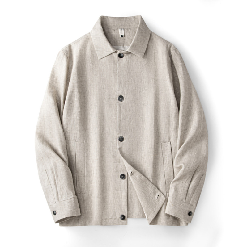 9 Pieces of Rain Dew Linen Spring and Autumn Style Lined Men's Lapel Old Money Style Jacket Casual Loose Simple Long-Sleeved Spring and Autumn