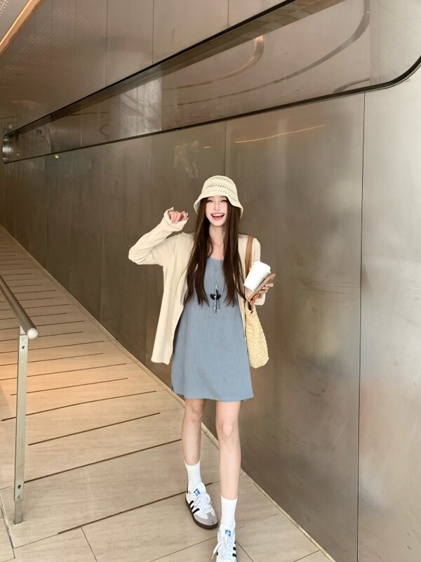 韩系松驰感宽松长袖开衫小个子背心连衣裙女2025秋季新款时尚套装|undefined