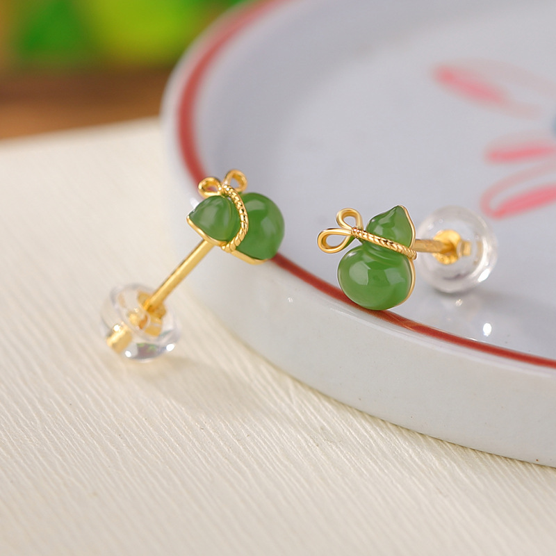 Khuyên tai nữ bạc S925 mạ vàng đính ngọc bích xanh nước biển phong cách retro — Mẫu ngọc bích nước xanh
