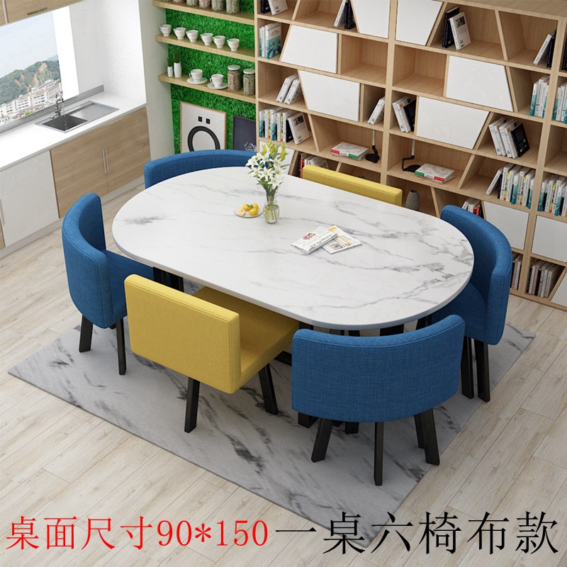 150*90 mesa de escritorio con patrón de piedra de imitación 0 tela azul oscuro amarillo una mesa seis sillas