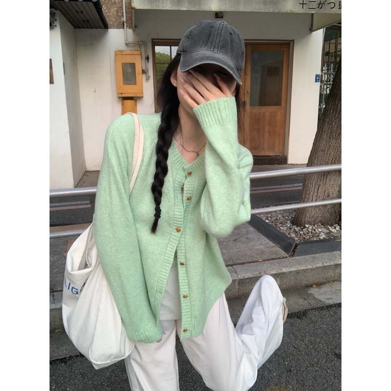 实拍 秋季韩版慵懒宽松圆领纽扣甜美针织开衫长袖外套毛衣女88884|undefined