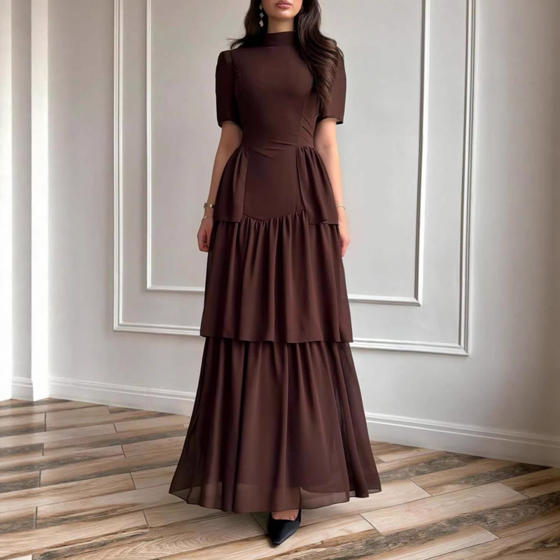 Cross-Border European and American Foreign Trade Women's Clothing 2026 Summer New Style Round Neck Short-Sleeved Multi-Layer Cake Dress Slim Fit Dress Cross-Border European and American Foreign Trade Women's Clothing 2026 Summer New Style Round Neck Short-Sleeved Multi-Layer Cake Dress Slim Fit Dress