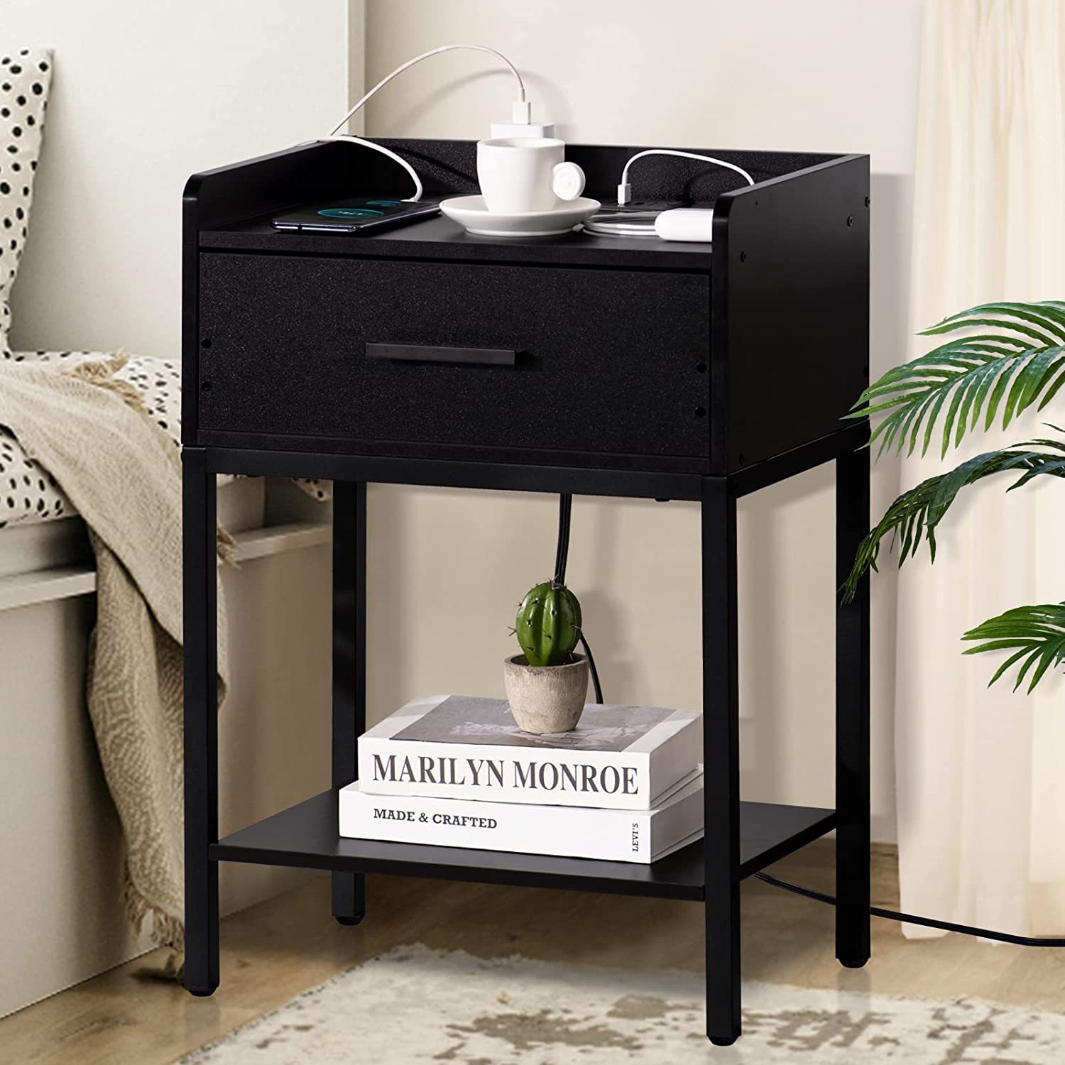 Modern simple bedside table with charging and USB ports