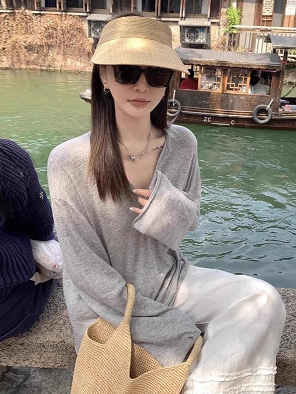巨好看的防晒衣罩衫女薄款夏季新款穿搭宽松外穿灰色长袖t恤上衣|undefined