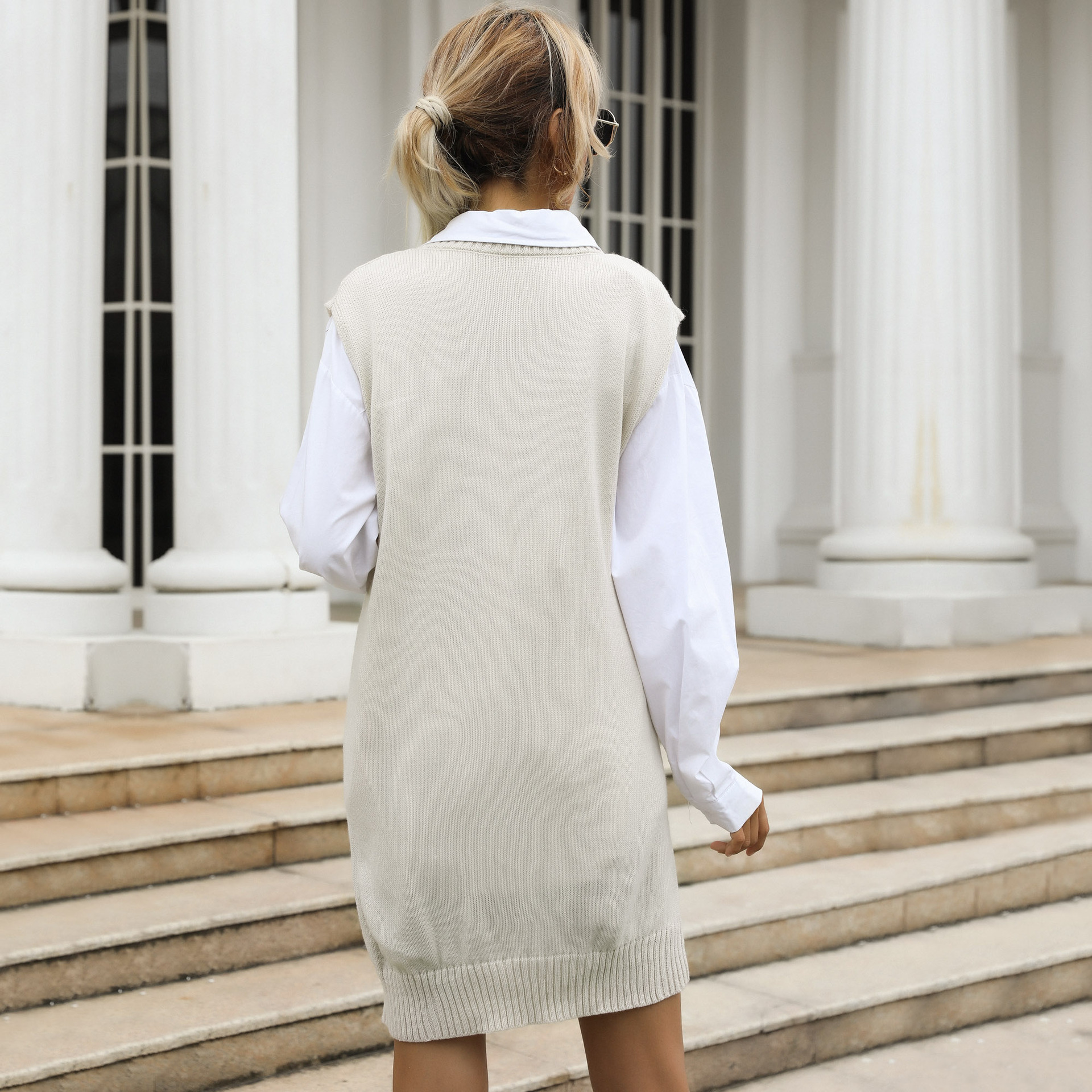 Solid Color Mid-length V-neck Vest Retro Twist Knitted Sweater Dress_voghion.com