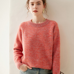 三股加厚秋冬新款山羊绒衫女士花砂大圆领长袖套头宽松保暖针织衫