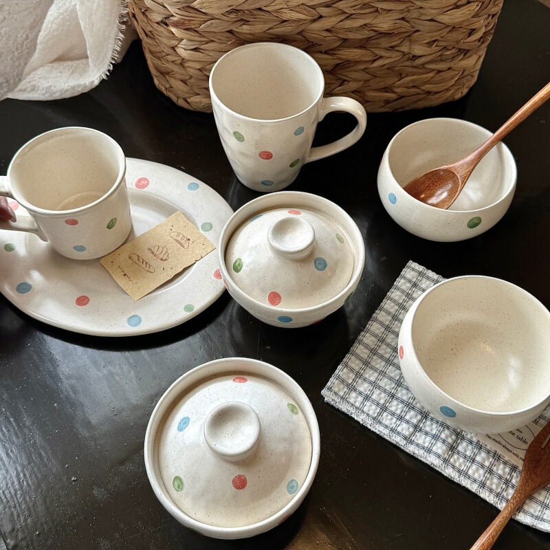 Japanese-Style Colorful Polka Dot Ceramic Bowls, Plates, and Cups, Microwave-Safe, High-Temperature Resistant, Ins-Style Coffee Cups, Rice Bowls
