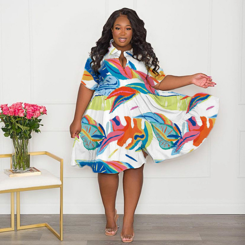 Regular Dress Simple Style Turndown Printing Pleated Half Sleeve Multicolor Knee-Length Holiday display picture 3
