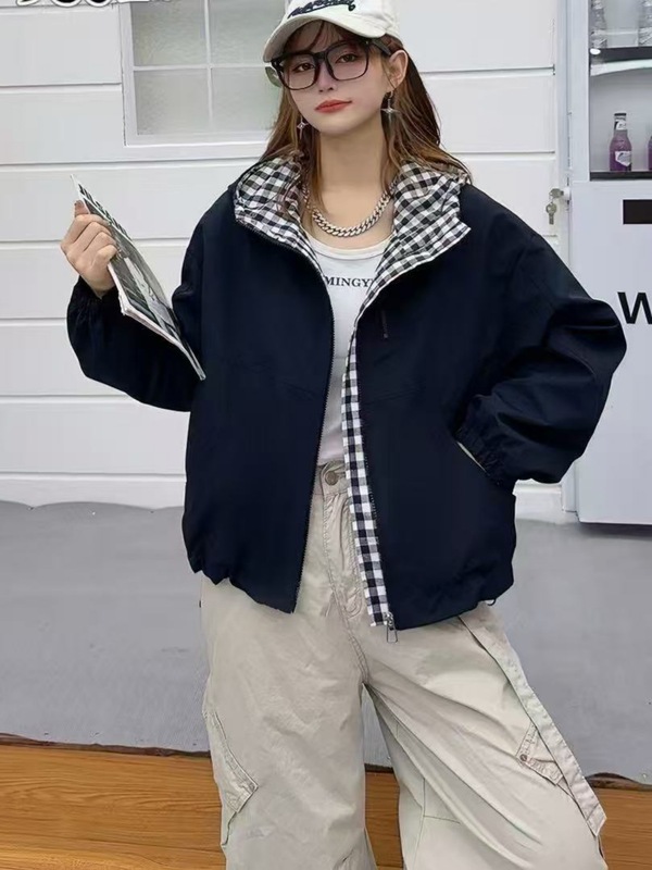 宽松格子拼接连帽短款外套女2025秋季新款时尚休闲百搭上衣夹克潮|undefined