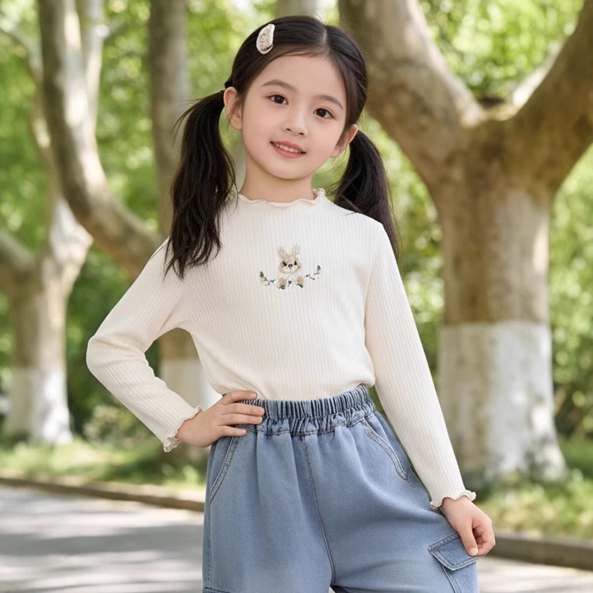 Camiseta de Manga Larga Elástica de Terciopelo Acanalado para Niñas MDD, Otoño 2023, Bordado de Conejito, Estilo Coreano, Ropa para el Festival del Medio Otoño