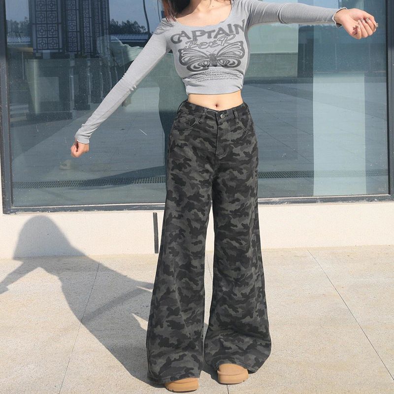 2026 New Camouflage Straight-Leg Jeans for Women, Petite Style, Loose Fit for Pear-Shaped Body, Workwear Wide-Leg Floor-Length Pants