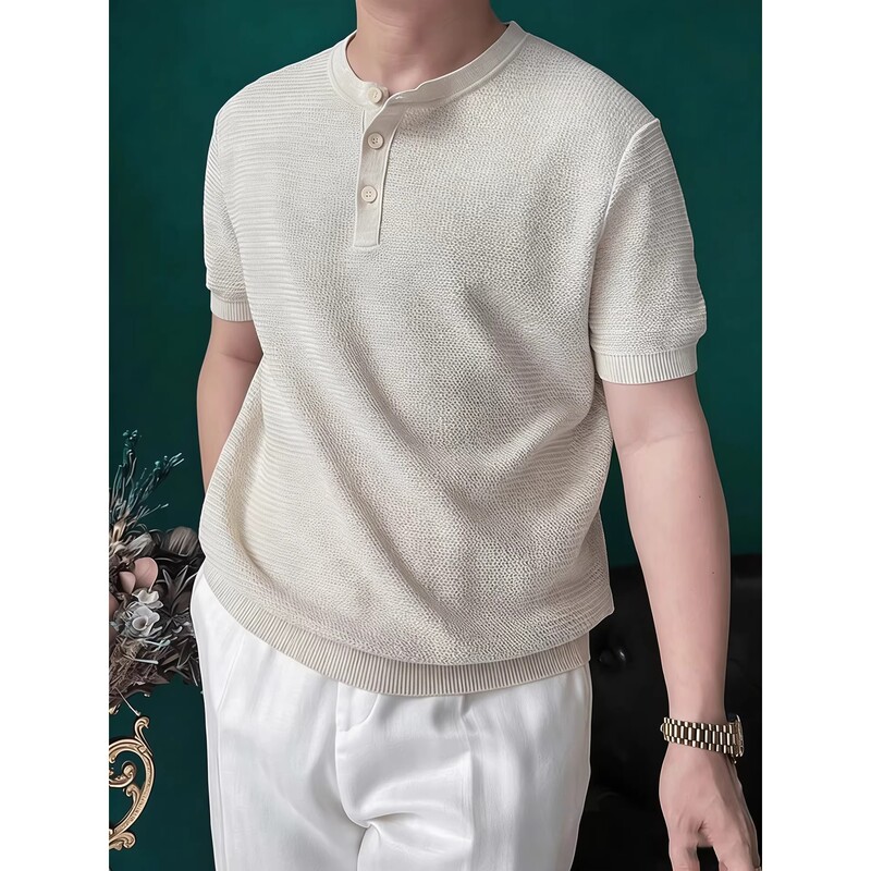 Korean Uamtor Old Money Style Henley Shirt for Commuting, Tencel Linen Short-Sleeve T-Shirt for Men, Summer Hollow-Out Breathable Design