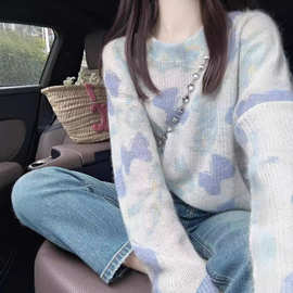 【垛襟】24冬濮院蓝色扎染蝴蝶提花针织毛衣女秋季小众设计