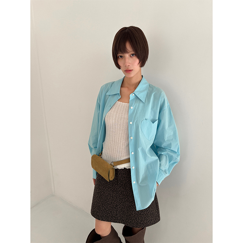 [Clearance, No Returns] Loose Fit Cotton Long Sleeve Shirt Simple Basic Style Heart Pocket Shirt for Women 23935