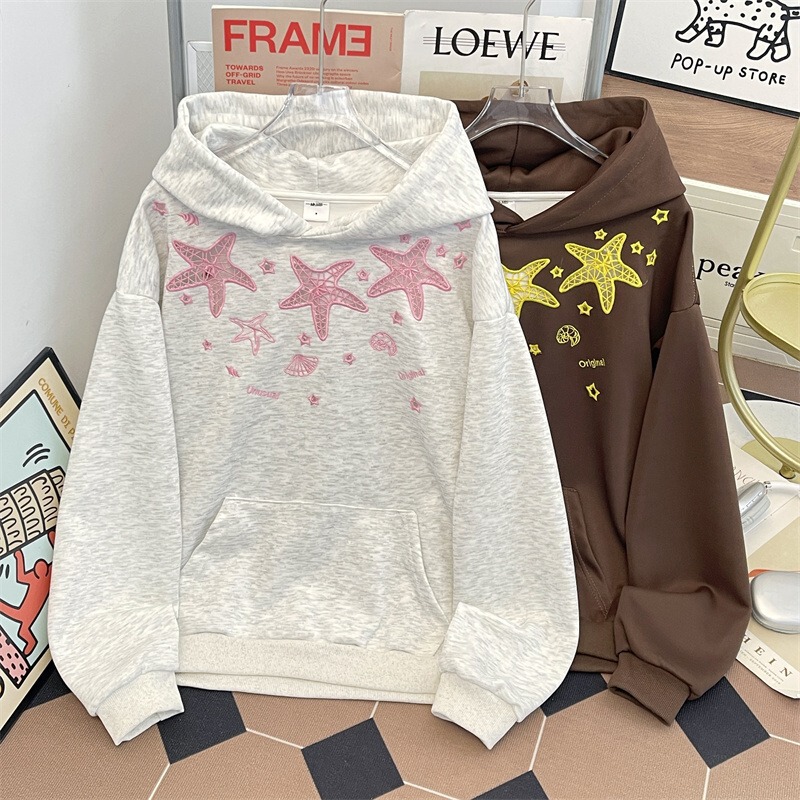 Korean Style Lazy Style Starfish Print Pullover Hooded Sweatshirt for Men in Spring and Autum New Style Super Nice Loose Casual Hoodie