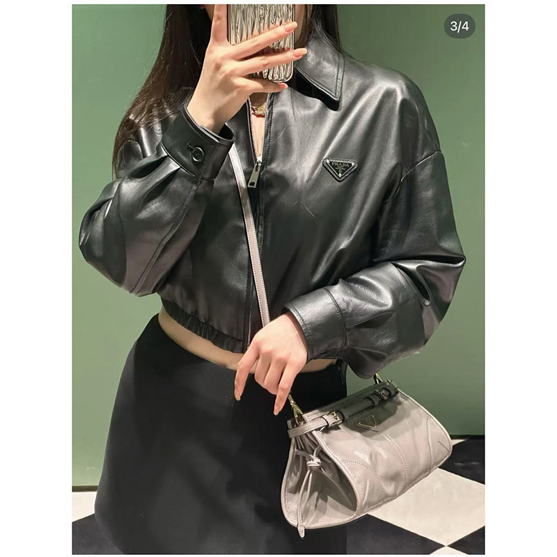 新款女装立体剪裁宽松款羊皮短夹克外套三角牌厂家直销|undefined