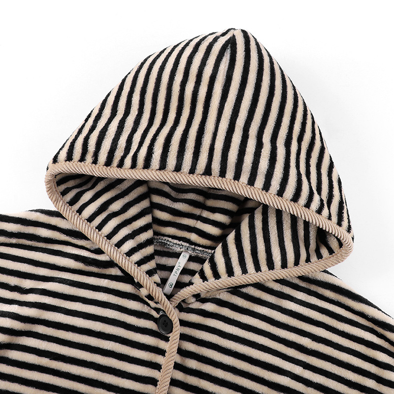 재고 도매 산호 양털 파자마 여성의 가을과 겨울 줄무늬 후드 겨울 기모 두꺼운 플란넬 홈 세트