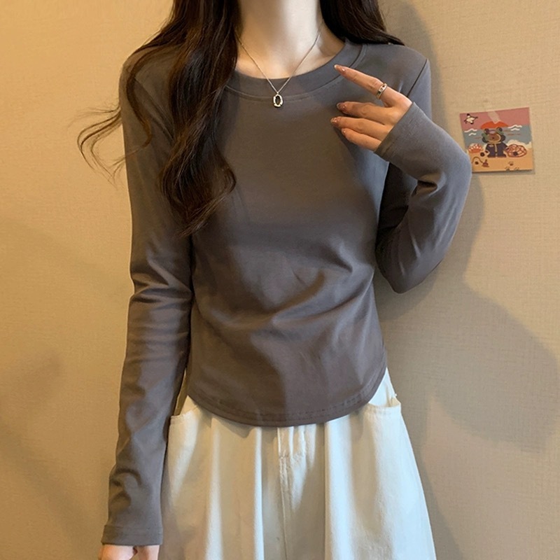正肩纯棉长袖t恤女秋季新款下摆不规则设计感纯欲风显瘦打底衫INS|undefined