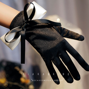 French retro elegant satin black gloves sweet bow bridal wedding dress accessories