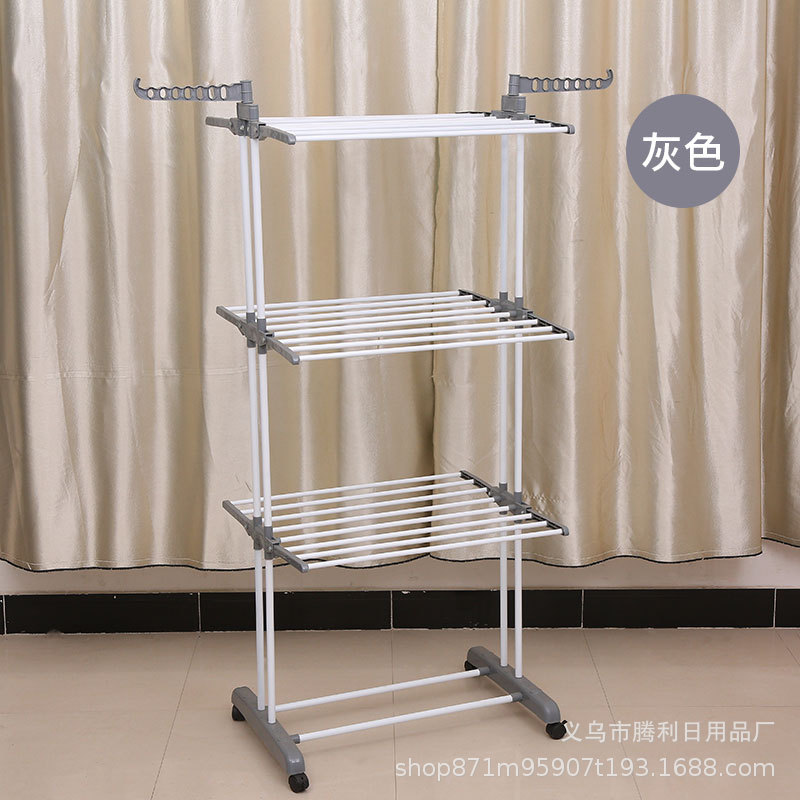 Perchero de ropa plegable de suelo de hierro pintado empujable/tirable, estante de toallas multifuncional de tres capas, perchero de balcón