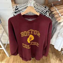 BM风新款酒红色BOSTON图案印花圆领卫衣女外套宽松大版套头上衣潮