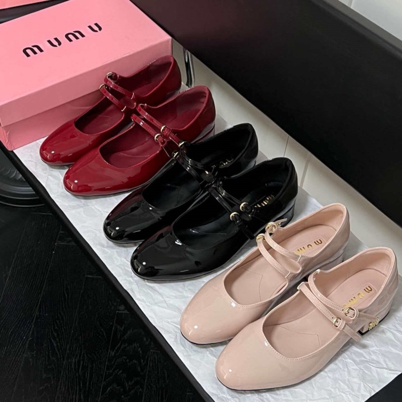 High-End Miu2025 Autumn New Genuine Leather Sole Double Strap Round Toe Mid-Heel Ballet Shoes Mary Jane Flats for Women