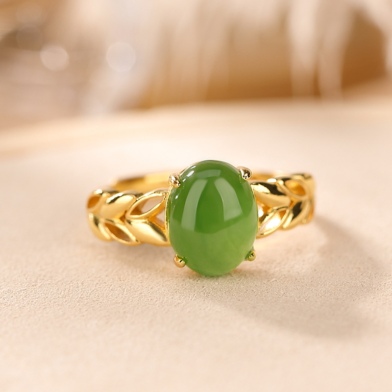 Nhẫn nữ bạc S925 mạ vàng đính ngọc bích jasper phong cách retro họa tiết vườn lúa mì — Kiểu mạ bạch kim