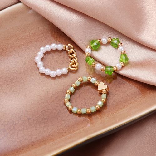 跨境彩色米珠三件套食指戒创意珍珠爱心手工串珠子组合戒指指环