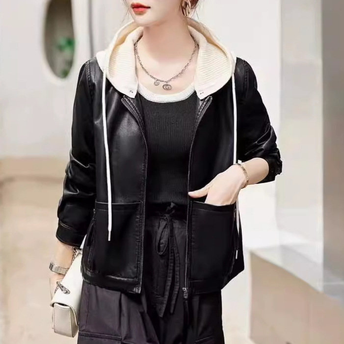 All-Net Low Price Spring and Autumn Internet Celebrity Short Elegant Slimming Fashion All-Match Casual Hooded Jacket Leather Women's Jacket All-Net Low Price Spring and Autumn Internet Celebrity Short Elegant Slimming Fashion All-Match Casual Hooded Jacket Leather Women's Jacket
