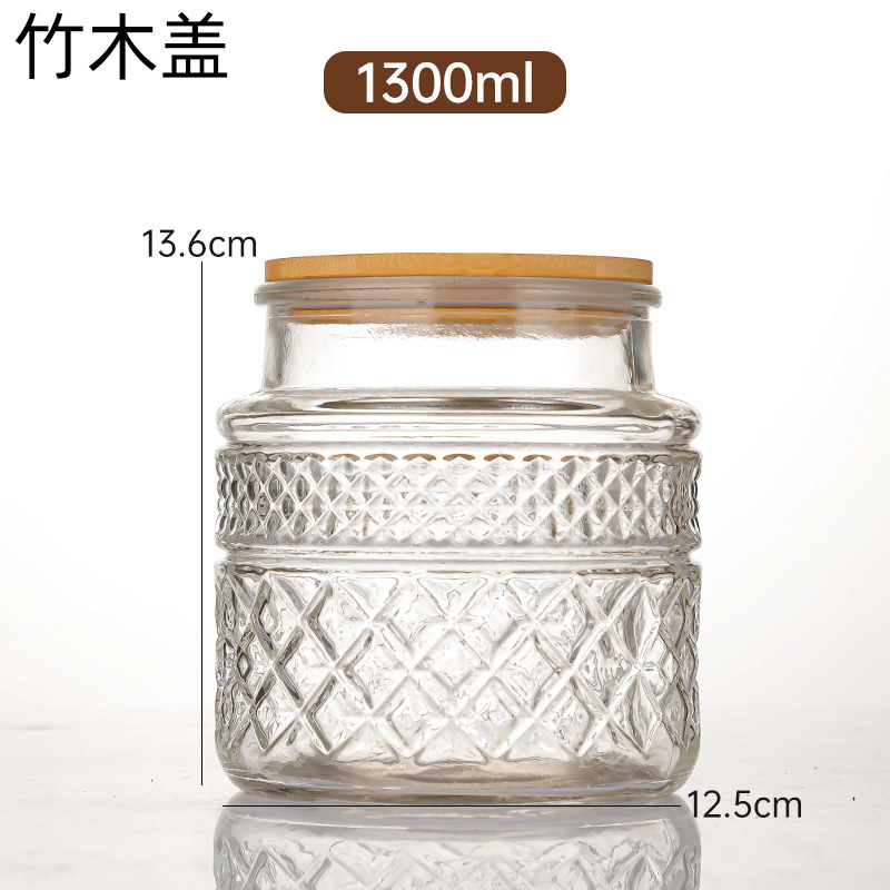 竹盖杂粮零食收纳罐透明玻璃密封茶叶罐批发复古海棠花浮雕糖果罐|undefined