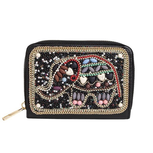 New Heavy Duty Bohemian Style Beaded Butterfly Flower Gorgeous PU Zipper Card Holder Small Wallet for Women