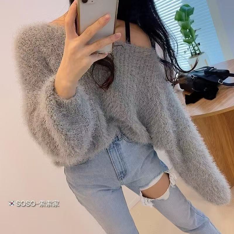 Russian Retro Lazy Style Faux Mink Knit Sweater, Japanese-Style Off-Shoulder Autumn and Winter Design Niche Sweater