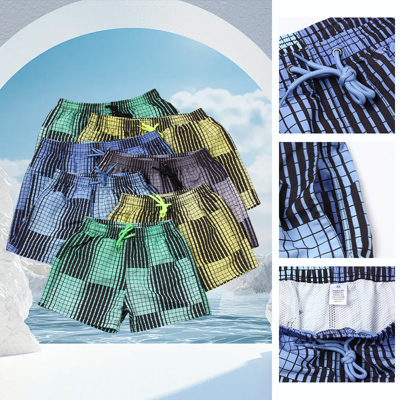 Beach Shorts Parent-Child Matching Set, Large Size Beach Sports Quick-Dry Shorts with Lining, Outdoor Straight-Leg Plaid Shorts