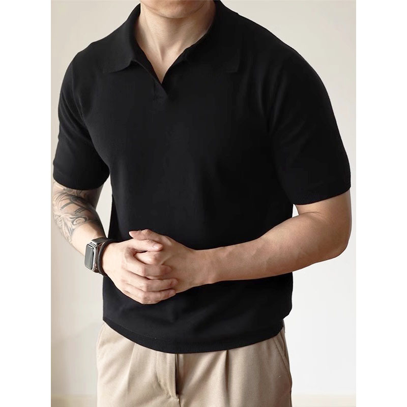 Camisa POLO suéter de manga corta para hombre seda de hielo transpirable con cuello en V de lujo ligero casual de negocios versión coreana marea comercio exterior transfronterizo al por mayor image 4